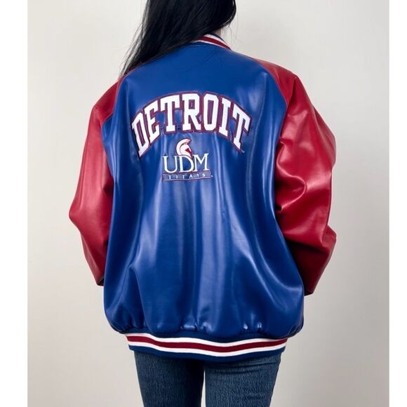 Vintage Detroit UDM Varsity Faux Leather Bomber Jacket - Picture 1 of 8